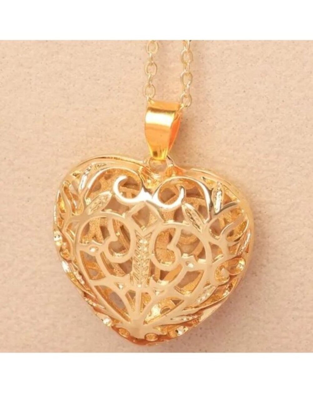 Heart Necklace 18Kt Gold Plated Filigree Pendant Puffy Elegant Stylish Ornate